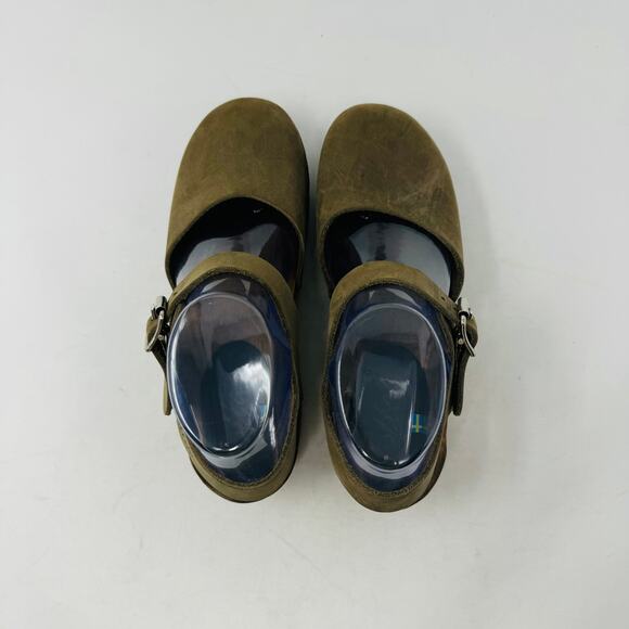 Lotta from Stockholm Green Leather Clogs Wooden Heels Adjustable Strap Size 37 - Picture 9 of 15